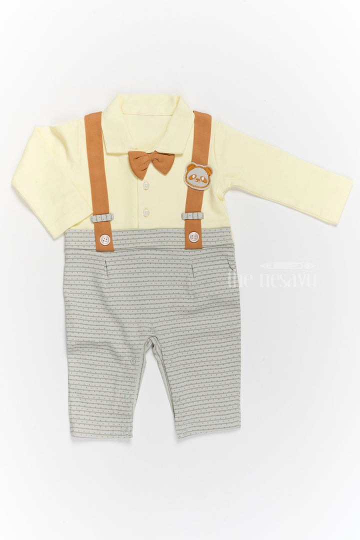 The Nesavu Boys Casual Set Boys Casual Wear Clothes Set with Yellow Shirt, Printed Dungarees, and Bow Tie Nesavu 12 (3M) / Yellow BCS205B-12 Boys Casual Wear Clothes Set Yellow Shirt Printed Dungarees Bow Tie | The Nesavu