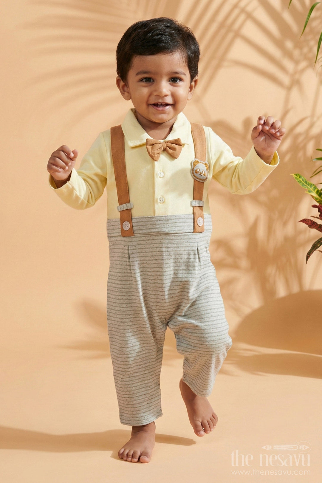 The Nesavu Boys Casual Set Boys Casual Wear Clothes Set with Yellow Shirt, Printed Dungarees, and Bow Tie Nesavu 12 (3M) / Yellow BCS205B-12 Boys Casual Wear Clothes Set Yellow Shirt Printed Dungarees Bow Tie | The Nesavu