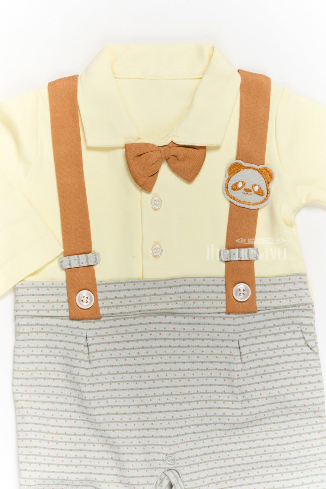 The Nesavu Boys Casual Set Boys Casual Wear Clothes Set with Yellow Shirt, Printed Dungarees, and Bow Tie Nesavu Boys Casual Wear Clothes Set Yellow Shirt Printed Dungarees Bow Tie | The Nesavu