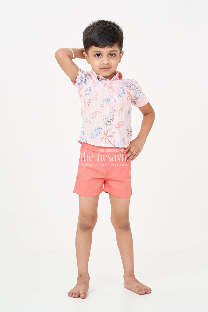 The Nesavu Boys Casual Set Boys Casual Western Dress with Pink Animal Digital Print Shirt and Coral Shorts for Everyday Adventures Nesavu 14 (6M) / Pink BCS245A-14 Boys casual western dress Set Animal Print Shirt Coral Cotton Shorts Summer Play | The Nesavu