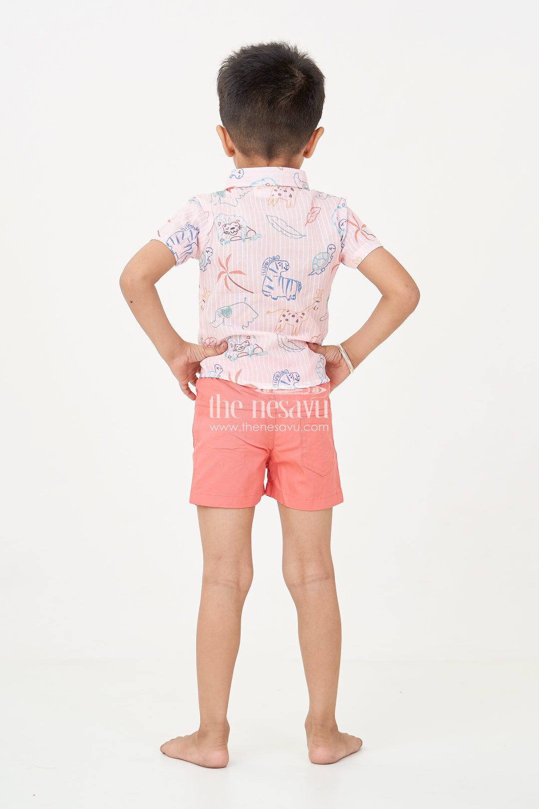 The Nesavu Boys Casual Set Boys Casual Western Dress with Pink Animal Digital Print Shirt and Coral Shorts for Everyday Adventures Nesavu Boys casual western dress Set Animal Print Shirt Coral Cotton Shorts Summer Play | The Nesavu