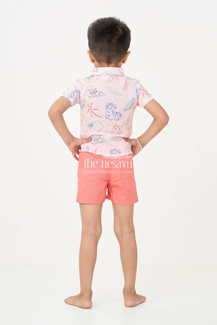 The Nesavu Boys Casual Set Boys Casual Western Dress with Pink Animal Digital Print Shirt and Coral Shorts for Everyday Adventures Nesavu Boys casual western dress Set Animal Print Shirt Coral Cotton Shorts Summer Play | The Nesavu