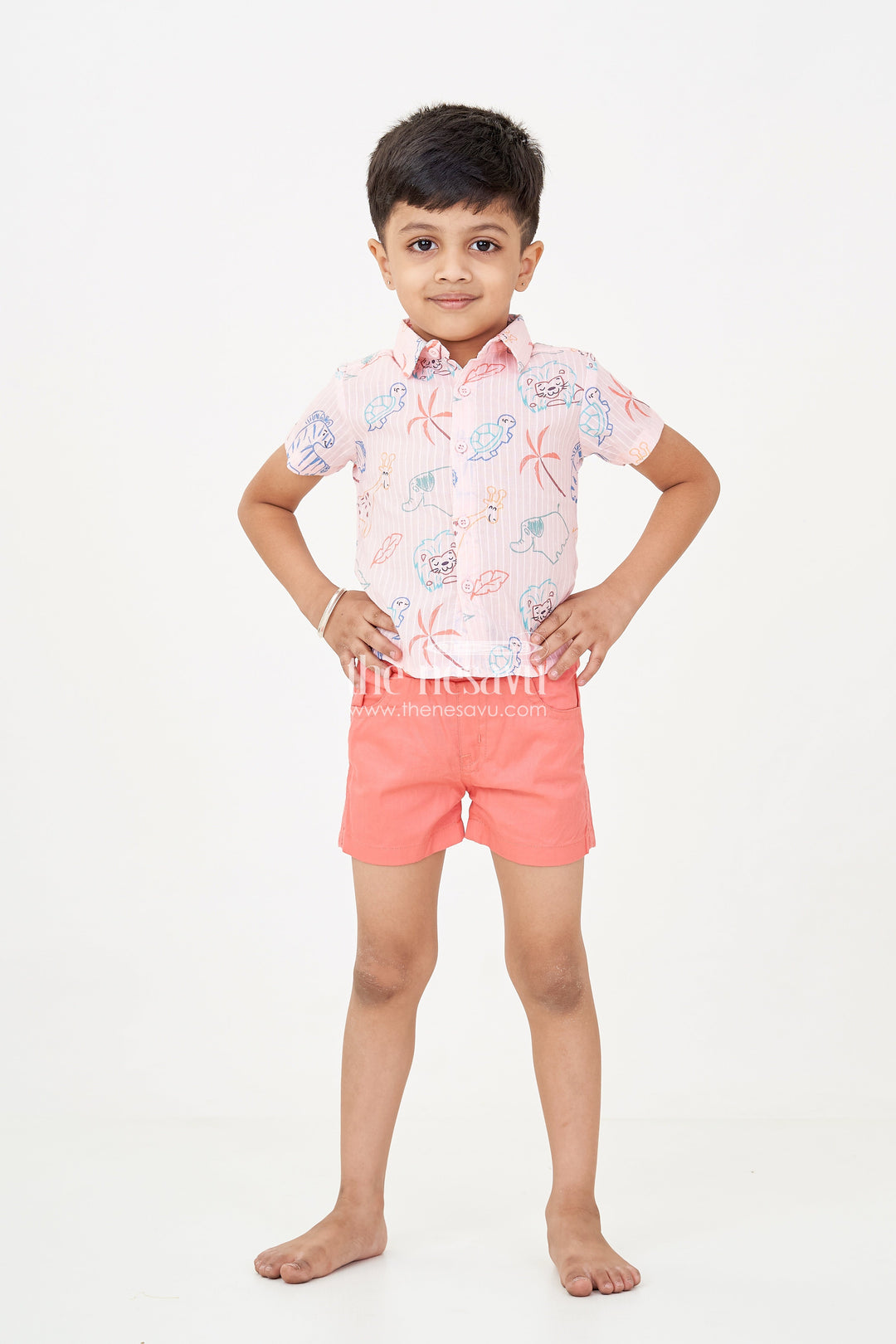 The Nesavu Boys Casual Set Boys Casual Western Dress with Pink Animal Digital Print Shirt and Coral Shorts for Everyday Adventures Nesavu Boys casual western dress Set Animal Print Shirt Coral Cotton Shorts Summer Play | The Nesavu