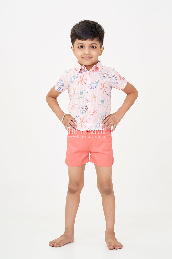 The Nesavu Boys Casual Set Boys Casual Western Dress with Pink Animal Digital Print Shirt and Coral Shorts for Everyday Adventures Nesavu Boys casual western dress Set Animal Print Shirt Coral Cotton Shorts Summer Play | The Nesavu