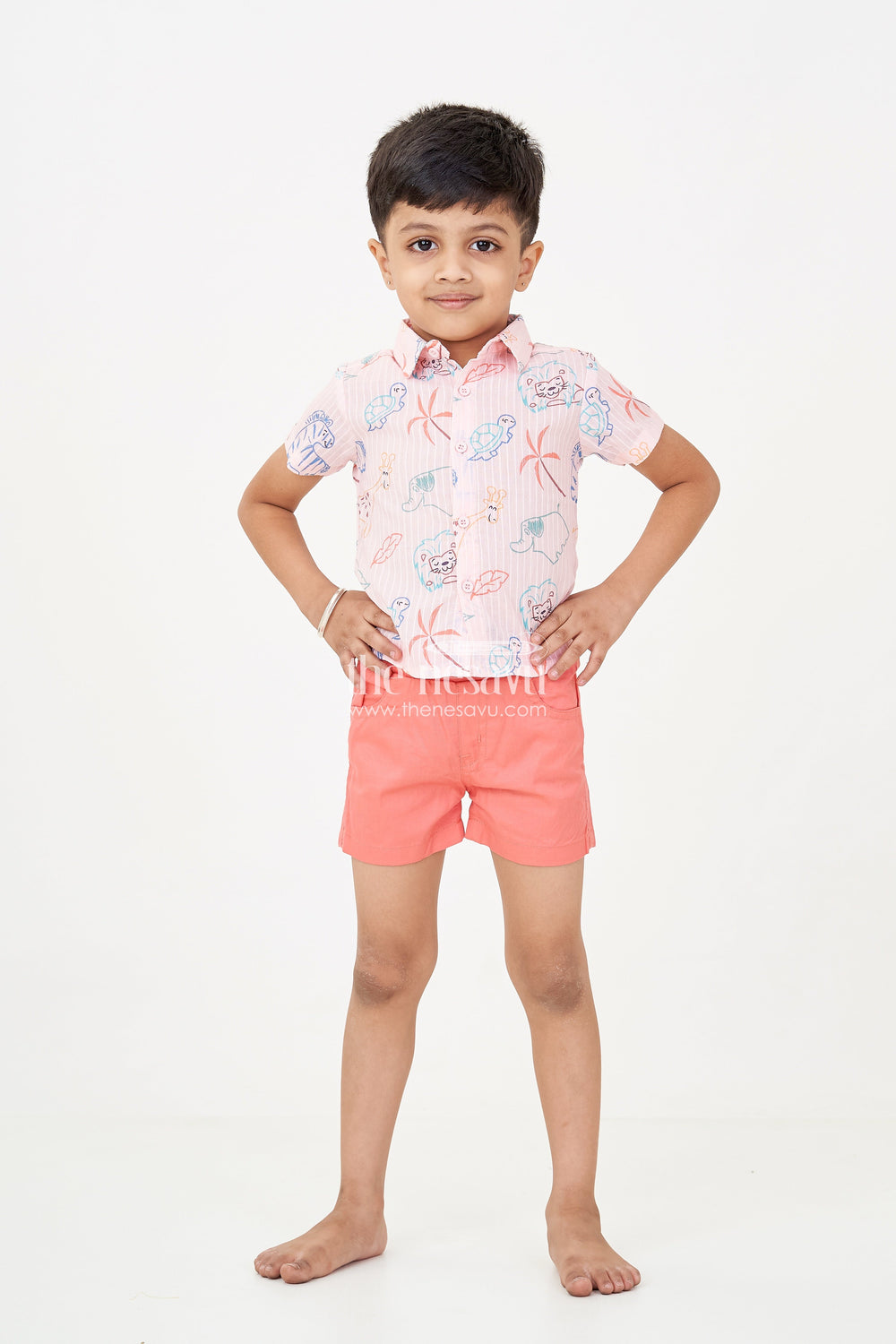 The Nesavu Boys Casual Set Boys casual western dress with Pink Animal Digital Print Shirt and Coral Shorts for Everyday Adventures Nesavu Nesavu Boys casual western dress Set Animal Print Shirt Coral Cotton Shorts Summer Play