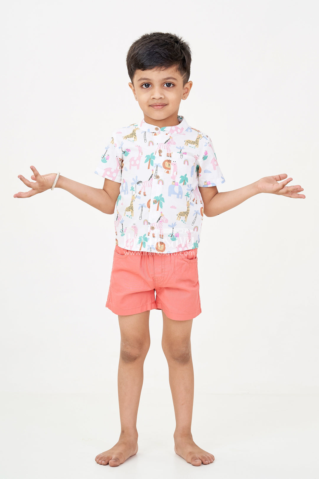 The Nesavu Boys Casual Set Boys Casual Winter Outfits with Safari-Themed Digital Print Shirt and Rust Shorts for Year-Round Style Nesavu 14 (6M) / White BCS246A-14 Boys casual winter outfits Set Safari Animal Print Shirt Rust Shorts Cool Casual Wear | The Nesavu