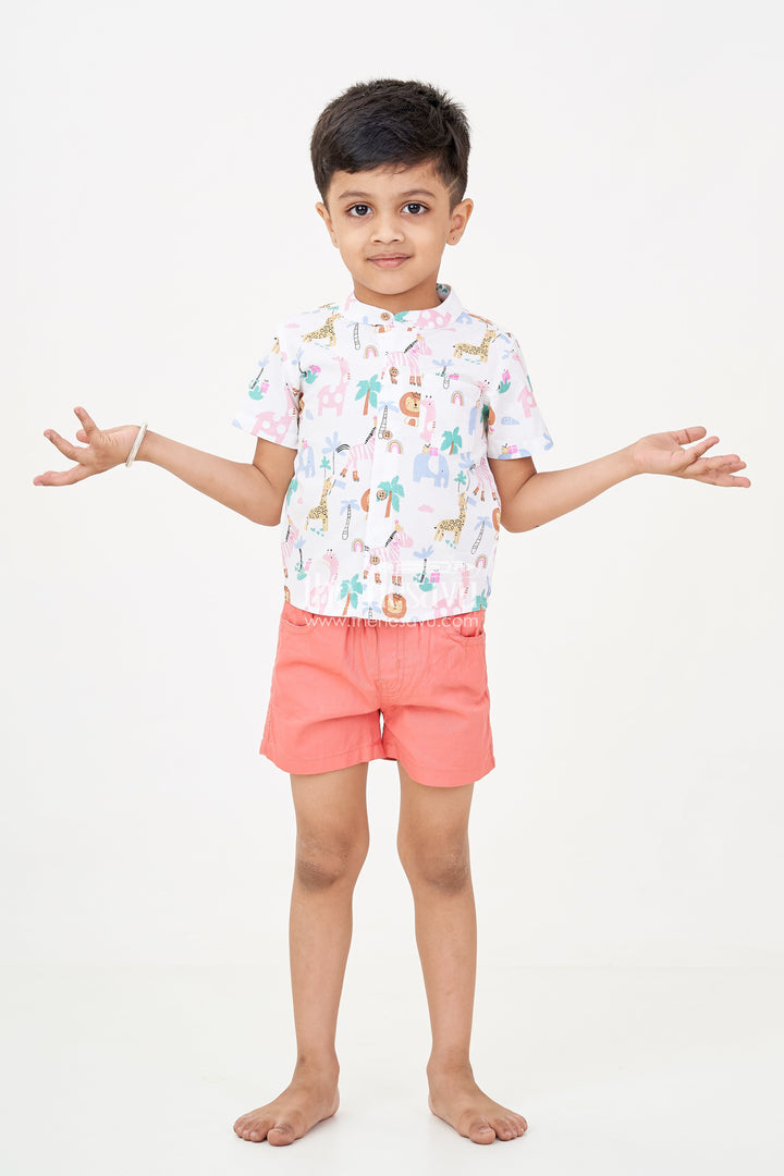 The Nesavu Boys Casual Set Boys Casual Winter Outfits with Safari-Themed Digital Print Shirt and Rust Shorts for Year-Round Style Nesavu 14 (6M) / White BCS246A-14 Boys casual winter outfits Set Safari Animal Print Shirt Rust Shorts Cool Casual Wear | The Nesavu