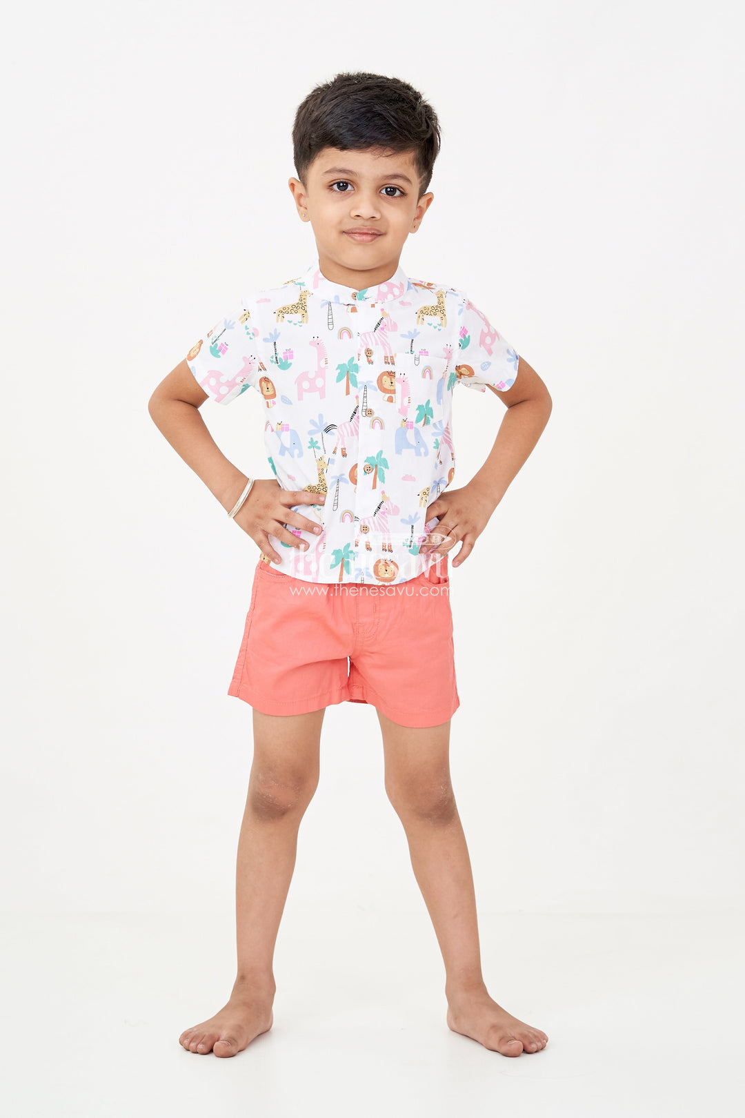 The Nesavu Boys Casual Set Boys Casual Winter Outfits with Safari-Themed Digital Print Shirt and Rust Shorts for Year-Round Style Nesavu Boys casual winter outfits Set Safari Animal Print Shirt Rust Shorts Cool Casual Wear | The Nesavu