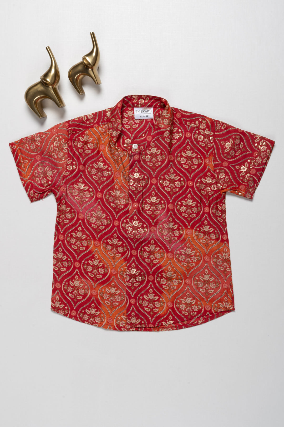 The Nesavu Boys Cotton Shirt Boys Chanderi Casual Shirt – Designer Mandarin Collar Shirt for Kids Nesavu 16 (1Y) / Red / Chanderi BS155A-16 Boys Chanderi Casual Shirt | Designer Floral Mandarin Collar Kids Shirt | The Nesavu