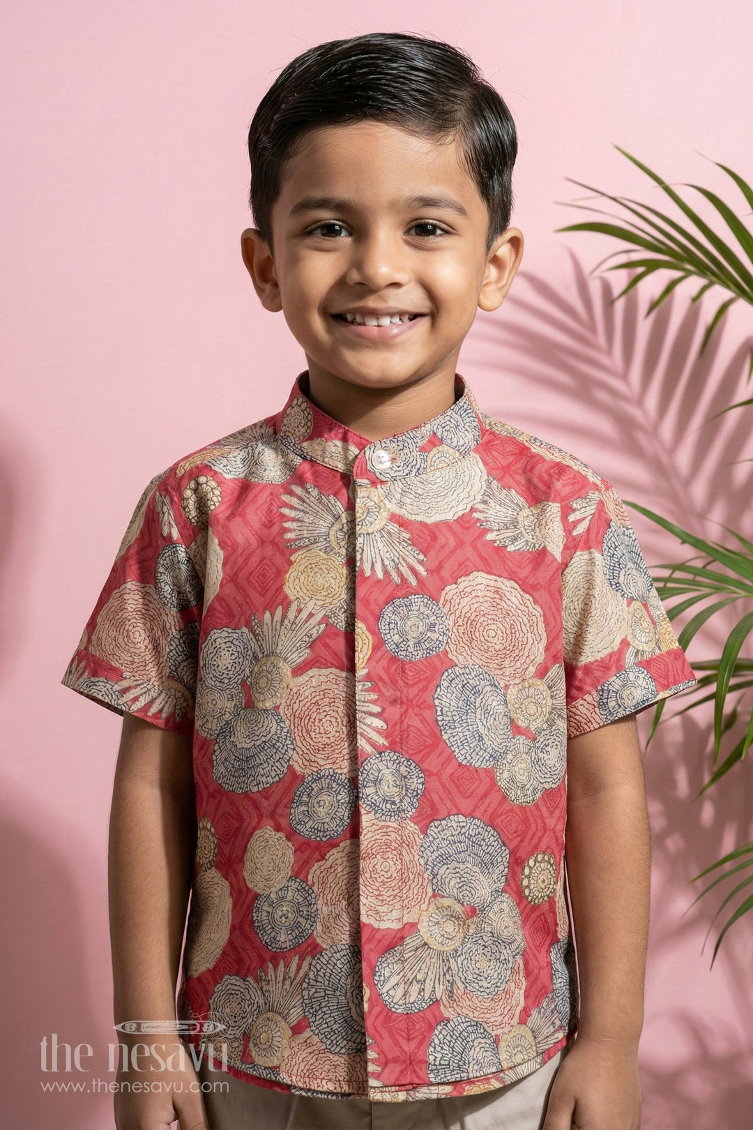 The Nesavu Boys Cotton Shirt Boys Chanderi Shirt with Bold Floral Designperfect for Festive Events Nesavu 16 (1Y) / Red / Chanderi BS148B-16 Boys Chanderi Shirt with Bold Floral Design | The Nesavu