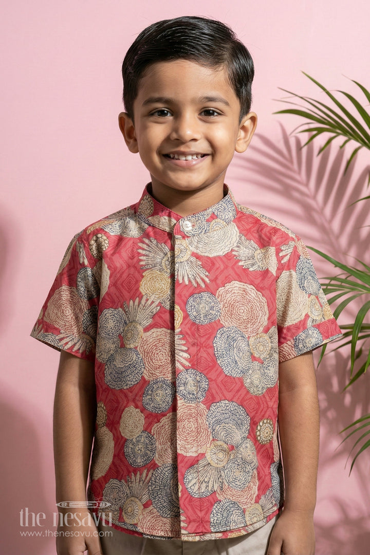 The Nesavu Boys Cotton Shirt Boys Chanderi Shirt with Bold Floral Designperfect for Festive Events Nesavu 16 (1Y) / Red / Chanderi BS148B-16 Boys Chanderi Shirt with Bold Floral Design | The Nesavu