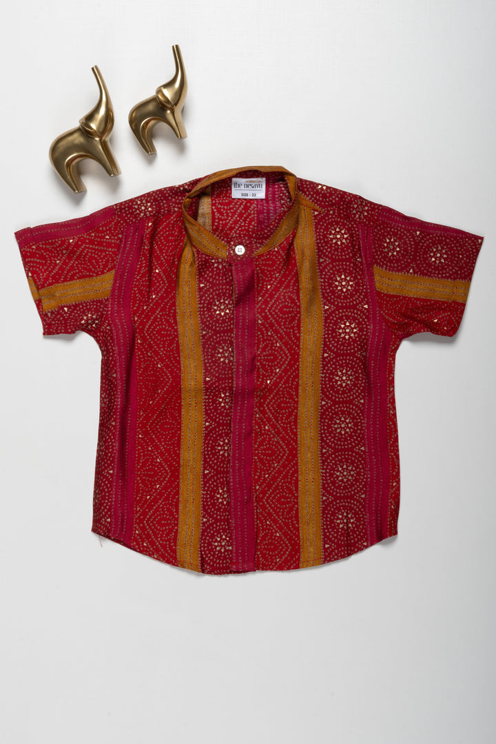 The Nesavu Boys Cotton Shirt Boys Chanderi Shirt with Red and Yellow Geometric Stripes - Festive and Stylish Nesavu 16 (1Y) / Red / Chanderi BS150A-16 Boys Chanderi Shirt with Red and Yellow Geometric Stripes | Festive and Stylish | The Nesavu