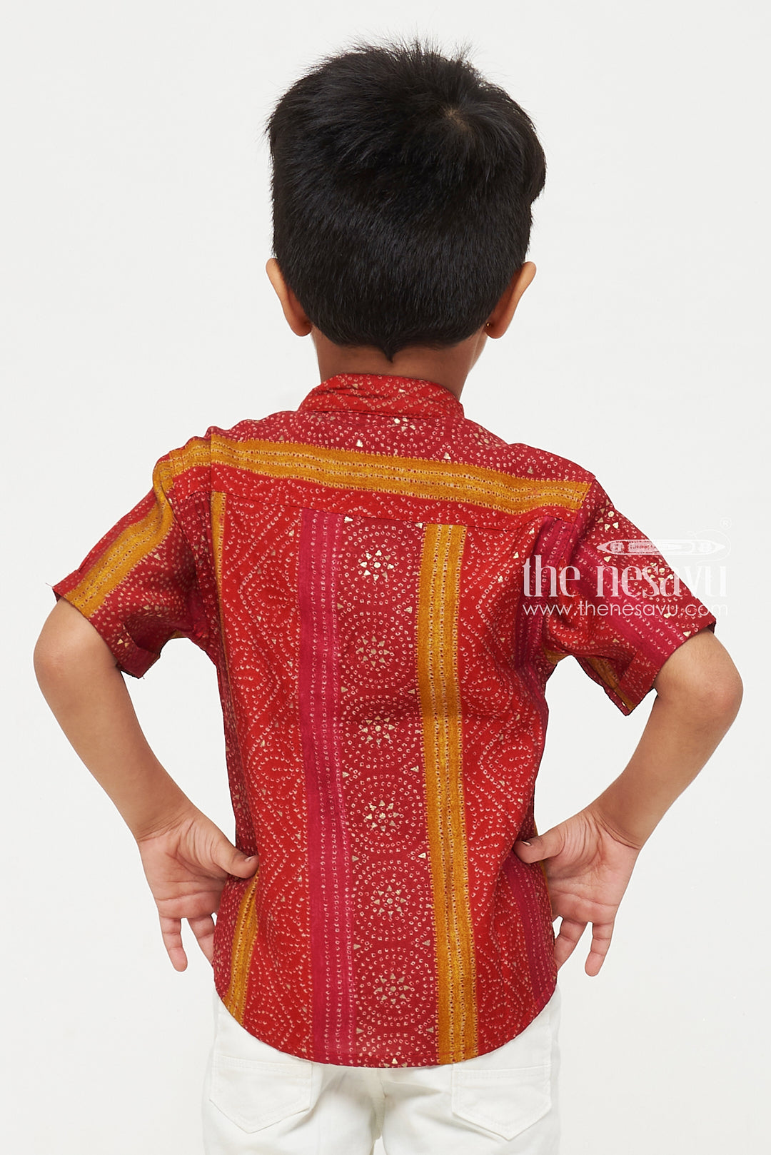 The Nesavu Boys Cotton Shirt Boys Chanderi Shirt with Red and Yellow Geometric Stripes - Festive and Stylish Nesavu Boys Chanderi Shirt with Red and Yellow Geometric Stripes | Festive and Stylish | The Nesavu