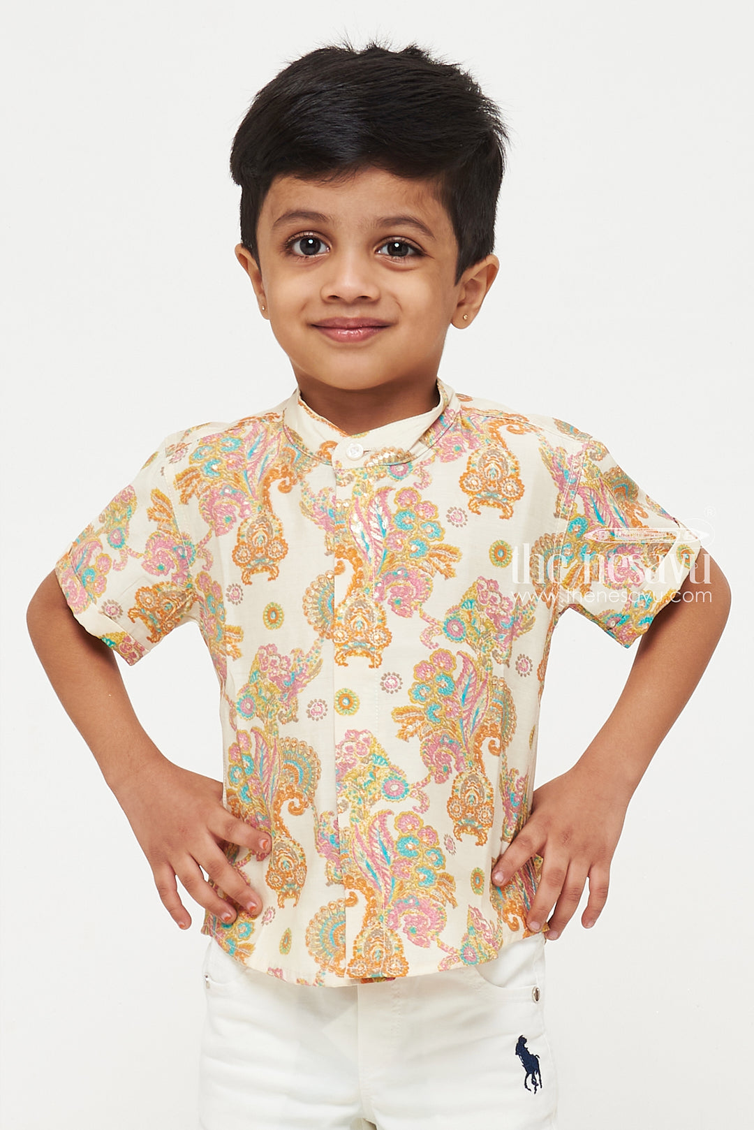 The Nesavu Boys Cotton Shirt Boys Chanderi Shirt with Vibrant Paisley Print - Perfect for Festive Occasions Nesavu Boys Chanderi Shirt with Vibrant Paisley Print | Perfect for Festive Occasions | The Nesavu