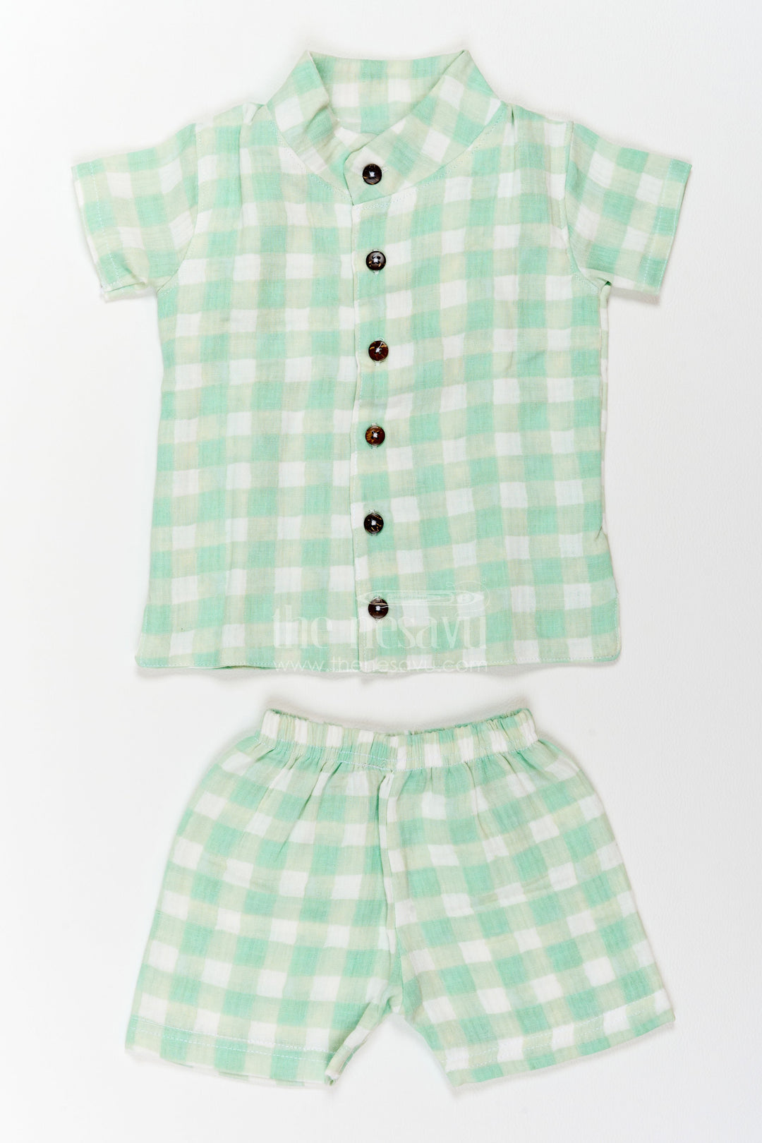 The Nesavu Boys Casual Set Boys Checked Casual Co Ord Set for Holidays and Weekend Outings Nesavu 10 (NB) / Green / Muslin BCS617B-10 Nesavu Boys Checked Casual Co Ord Set For Holidays Weekend Outings Playdates And Relaxed Summer Days