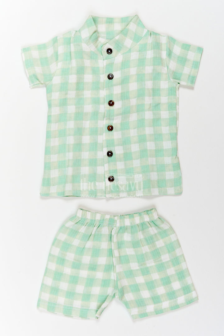 The Nesavu Boys Casual Set Boys Checked Casual Co Ord Set for Holidays and Weekend Outings Nesavu 10 (NB) / Green / Muslin BCS617B-10 Nesavu Boys Checked Casual Co Ord Set For Holidays Weekend Outings Playdates And Relaxed Summer Days