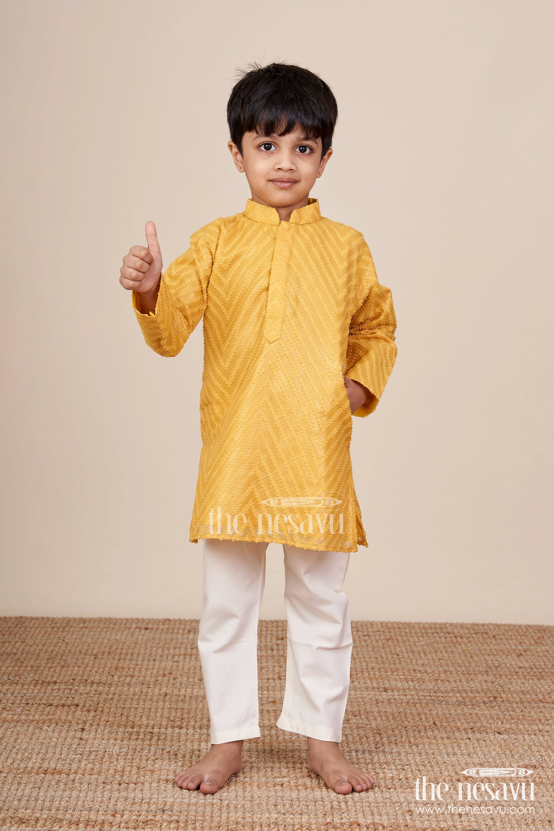 The Nesavu Boys Kurtha Set Boys Chevron Textured Kurta Set for Wedding Functions Nesavu 18 (2Y) / Gold BES758A-18 Nesavu boys chevron patterned kurta churidar set silk blend weddings family functions