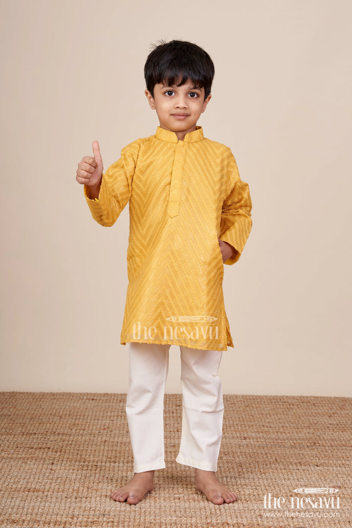 The Nesavu Boys Kurtha Set Boys Chevron Textured Kurta Set for Wedding Functions Nesavu 18 (2Y) / Gold BES758A-18 Nesavu boys chevron patterned kurta churidar set silk blend weddings family functions