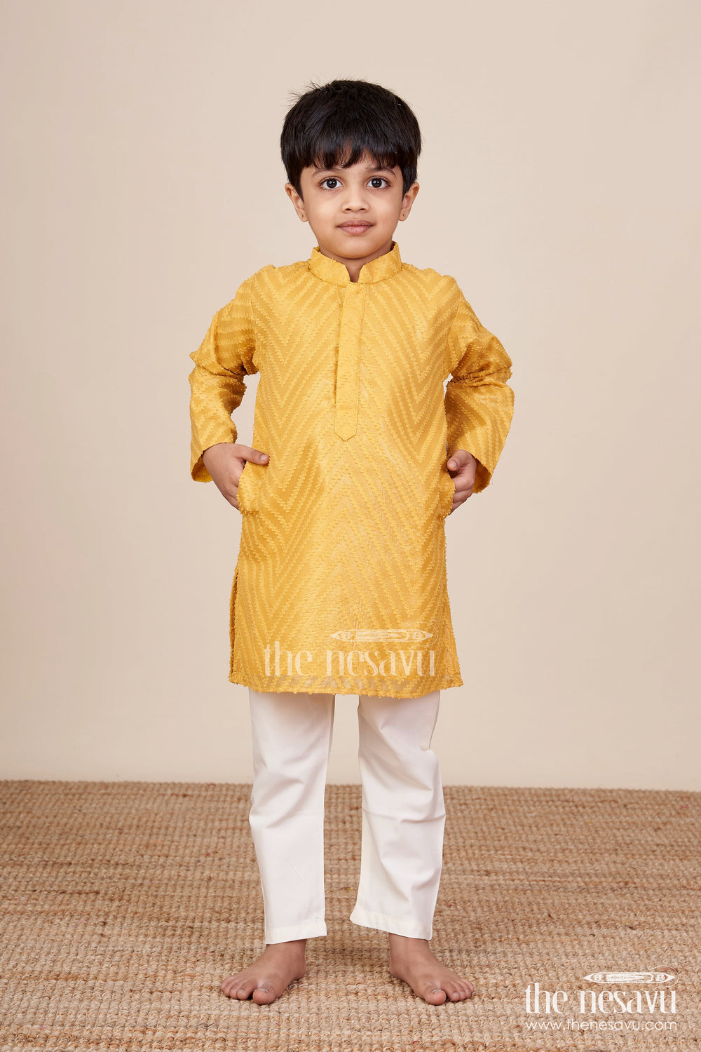 The Nesavu Boys Kurtha Set Boys Chevron Textured Kurta Set for Wedding Functions Nesavu Nesavu boys chevron patterned kurta churidar set silk blend weddings family functions