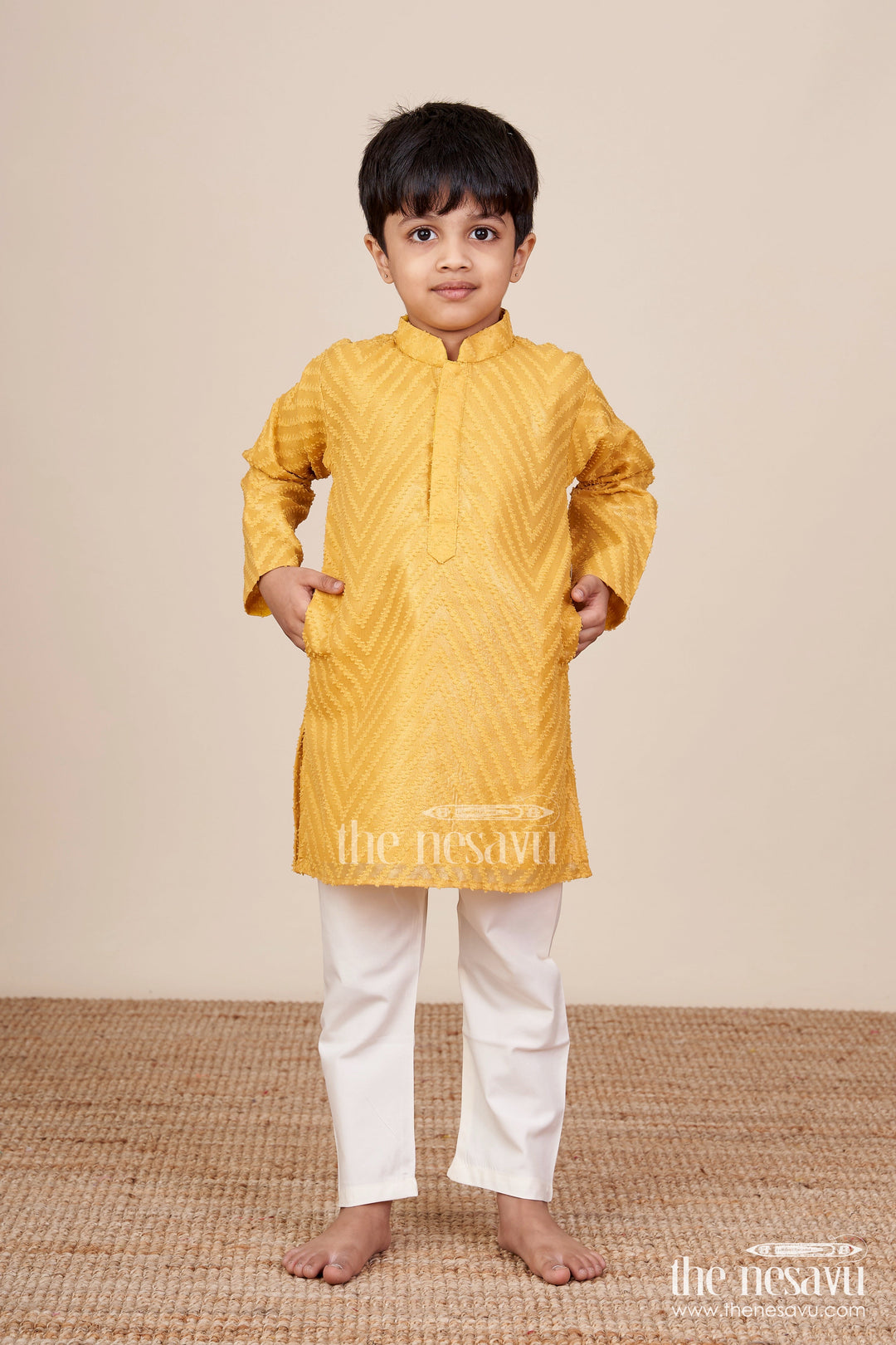 The Nesavu Boys Kurtha Set Boys Chevron Textured Kurta Set for Wedding Functions Nesavu Nesavu boys chevron patterned kurta churidar set silk blend weddings family functions