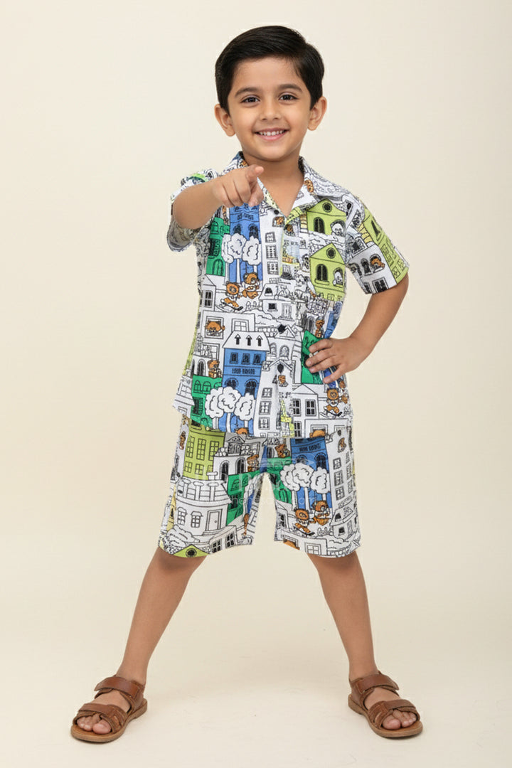 The Nesavu Boys Casual Set Boys Cityscape Printed Cotton Co-Ord Set in Green and Blue Tones Nesavu 16 (1Y) / Multicolor BCS395A-16 Nesavu boys cityscape print cotton co-ord set in green fun casual outfit for toddlers