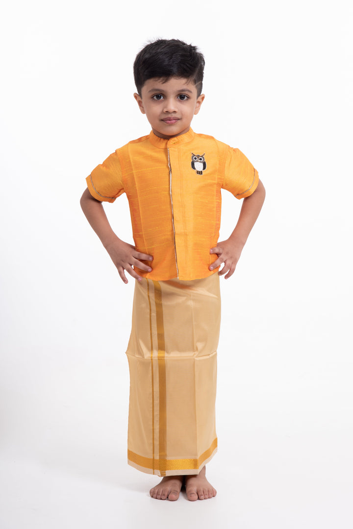 The Nesavu Boys Vesti Boys Classic Beige Silk Dhoti with Golden Detailing Nesavu 14 (6M) / Beige / Blend Silk D008B-14 Shop Boys Beige Silk Dhoti with Golden Stripes | The Nesavu