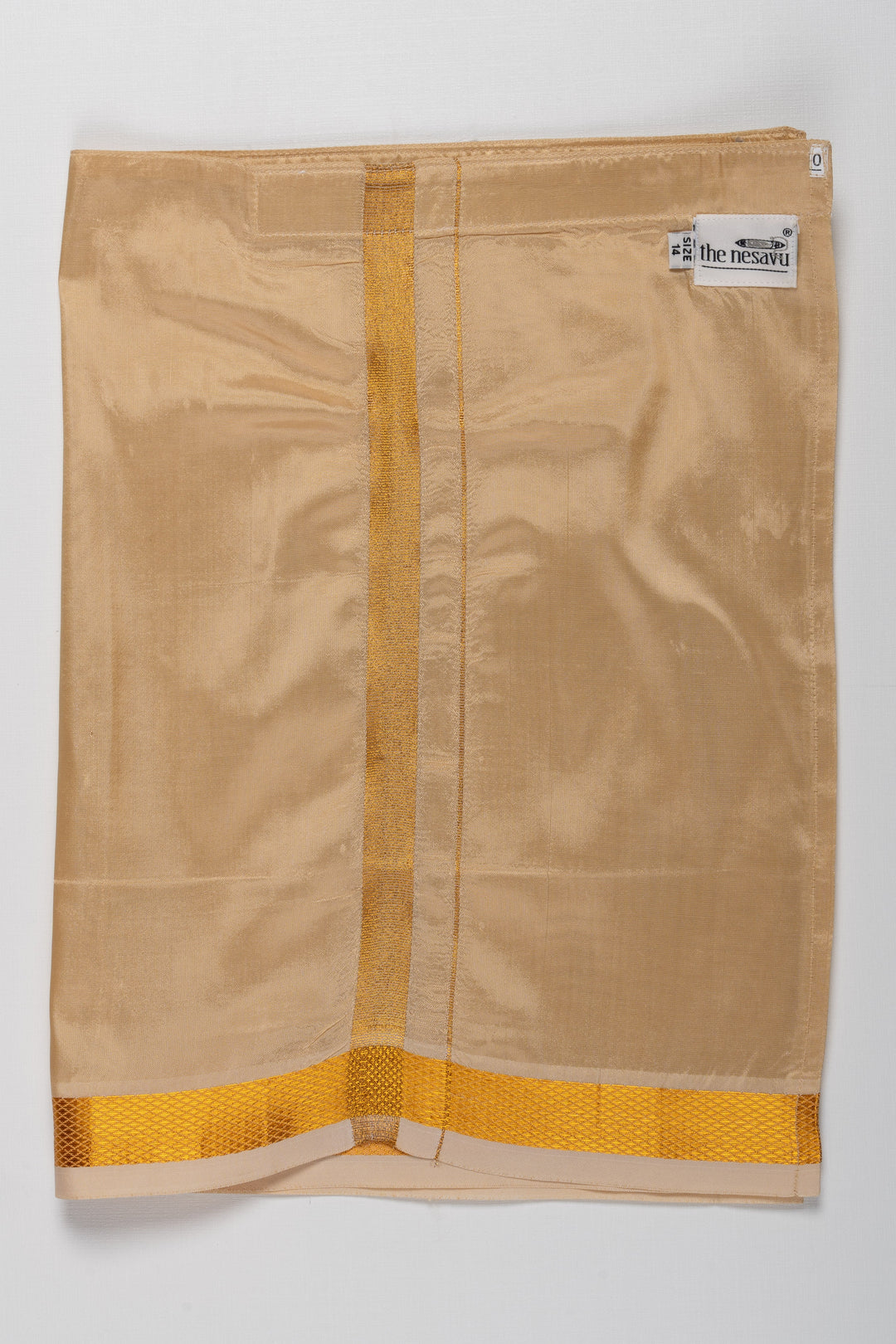 The Nesavu Boys Vesti Boys Classic Beige Silk Dhoti with Golden Detailing Nesavu 14 (6M) / Beige / Blend Silk D008B-14 Shop Boys Beige Silk Dhoti with Golden Stripes | Traditional Wear for Boys | The Nesavu