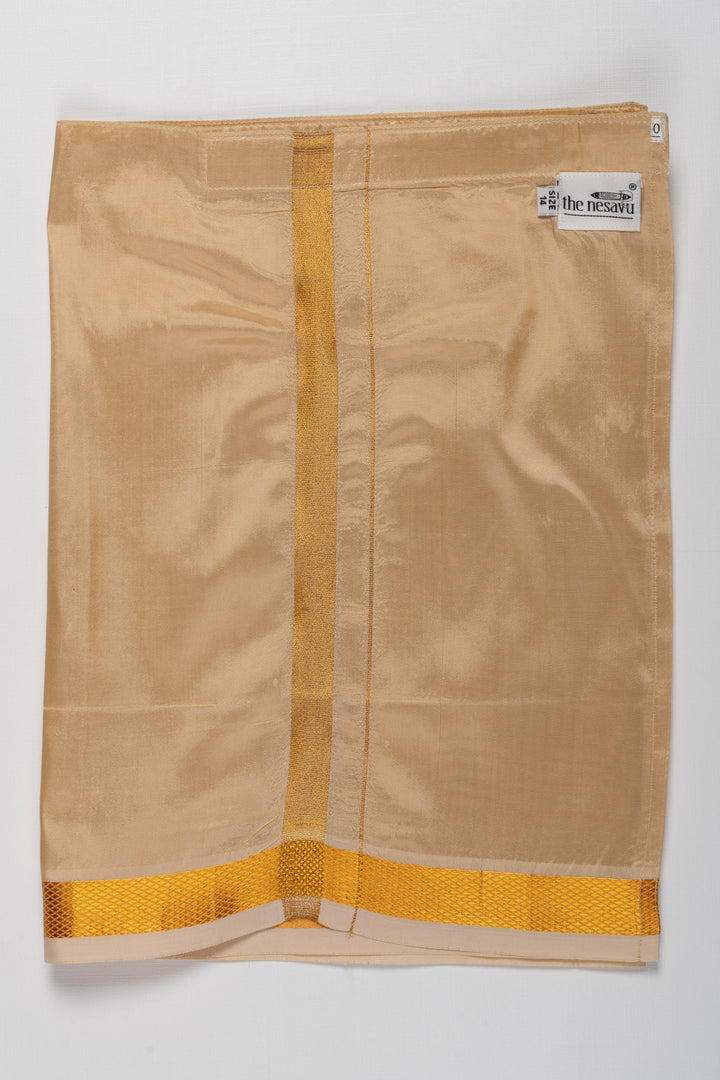 The Nesavu Boys Vesti Boys Classic Beige Silk Dhoti with Golden Detailing Nesavu 14 (6M) / Beige / Blend Silk D008B-14 Shop Boys Beige Silk Dhoti with Golden Stripes | Traditional Wear for Boys | The Nesavu