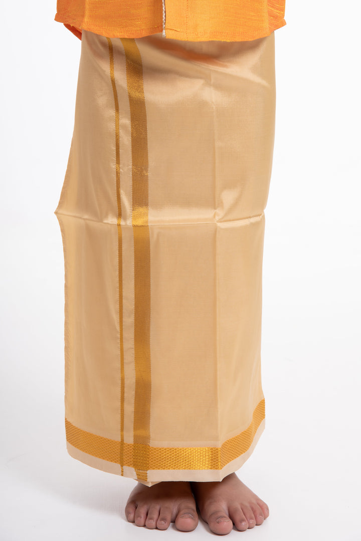 The Nesavu Boys Vesti Boys Classic Beige Silk Dhoti with Golden Detailing Nesavu Shop Boys Beige Silk Dhoti with Golden Stripes | The Nesavu