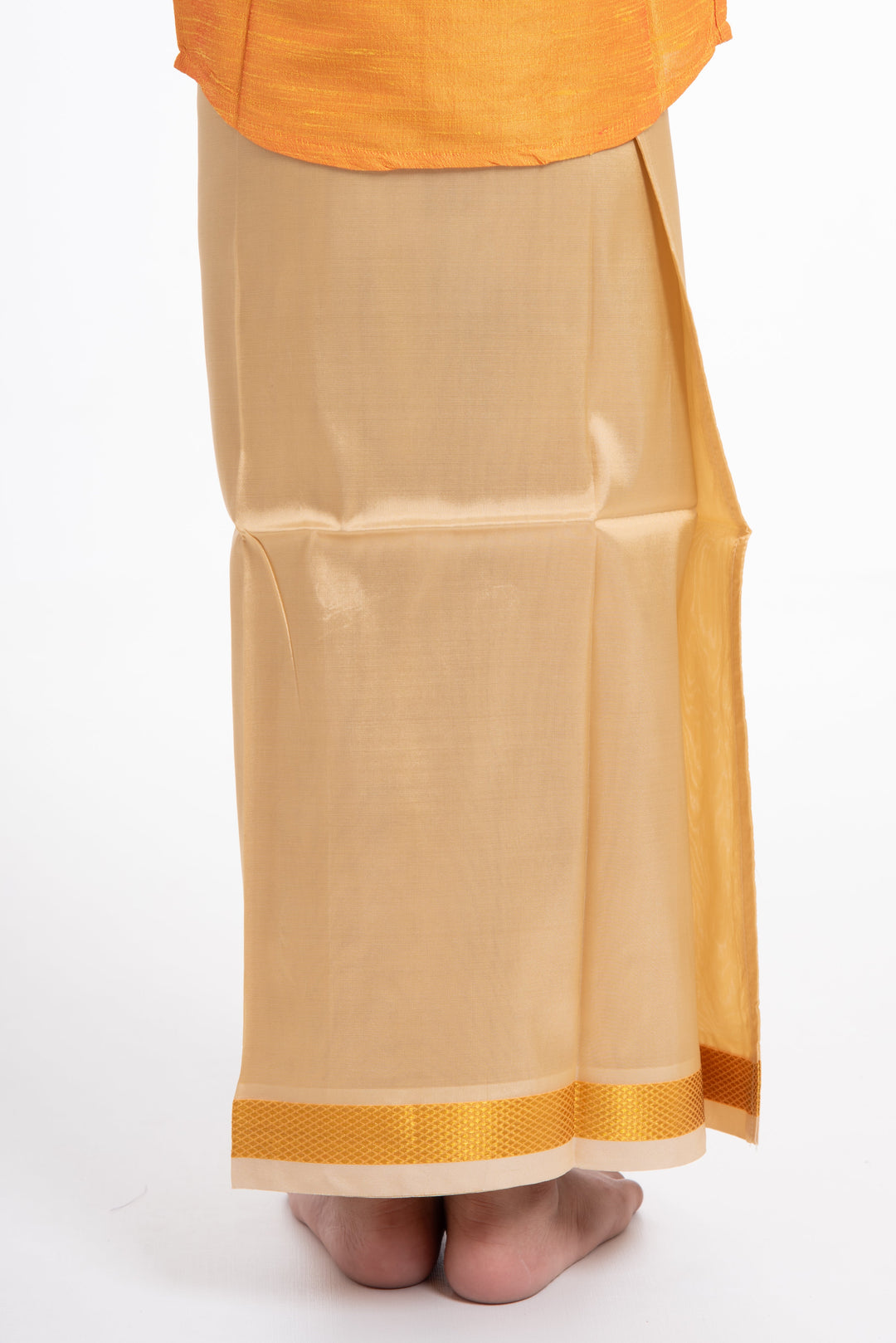 The Nesavu Boys Vesti Boys Classic Beige Silk Dhoti with Golden Detailing Nesavu Shop Boys Beige Silk Dhoti with Golden Stripes | The Nesavu