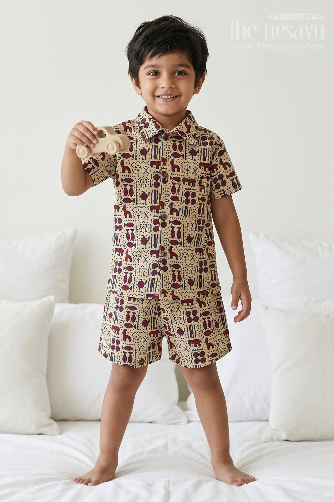 The Nesavu Boys Casual Set Boys Co Ord Set Dress for Summer Outings and Casual Wear Nesavu 16 (1Y) / Yellow / Cotton BCS604A-16 Nesavu Boys Cotton Co Ord Set For Summer Outings With Digital Print Shirt And Shorts Casual Wear
