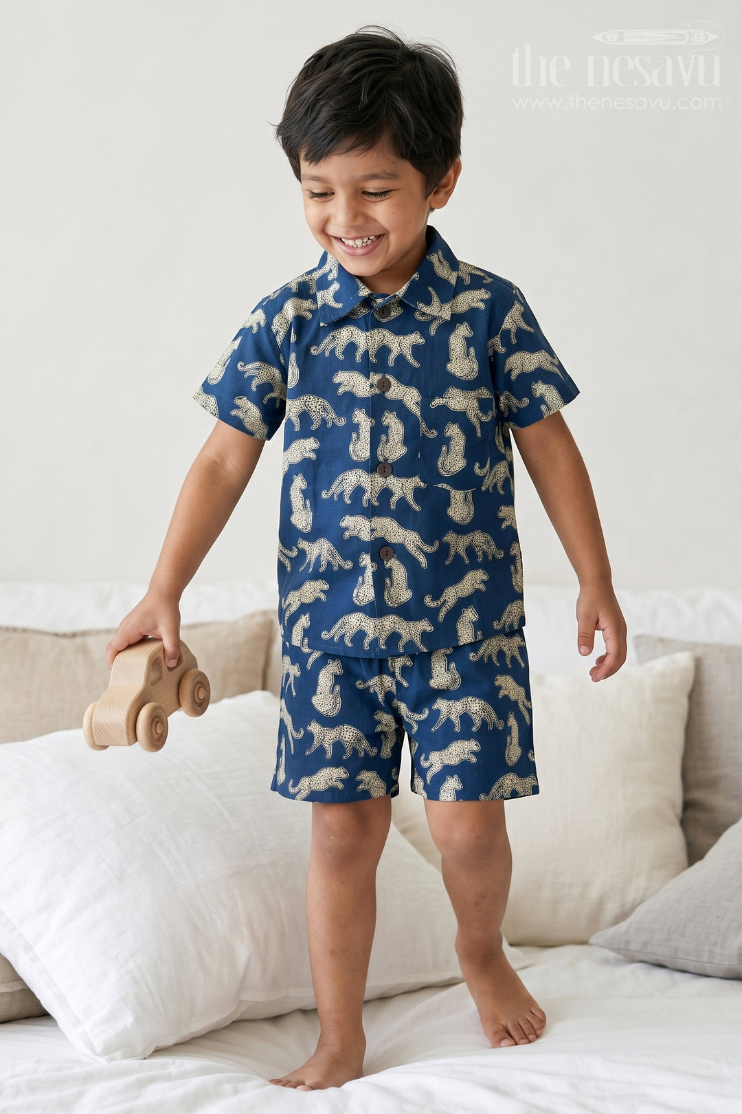 The Nesavu Boys Casual Set Boys Co Ord Set for Travel and Summer Vacation Wear Nesavu 16 (1Y) / Blue / Cotton BCS612A-16 Nesavu Boys Cotton Co Ord Set For Travel And Vacation With Digital Print Shirt And Shorts Outfit