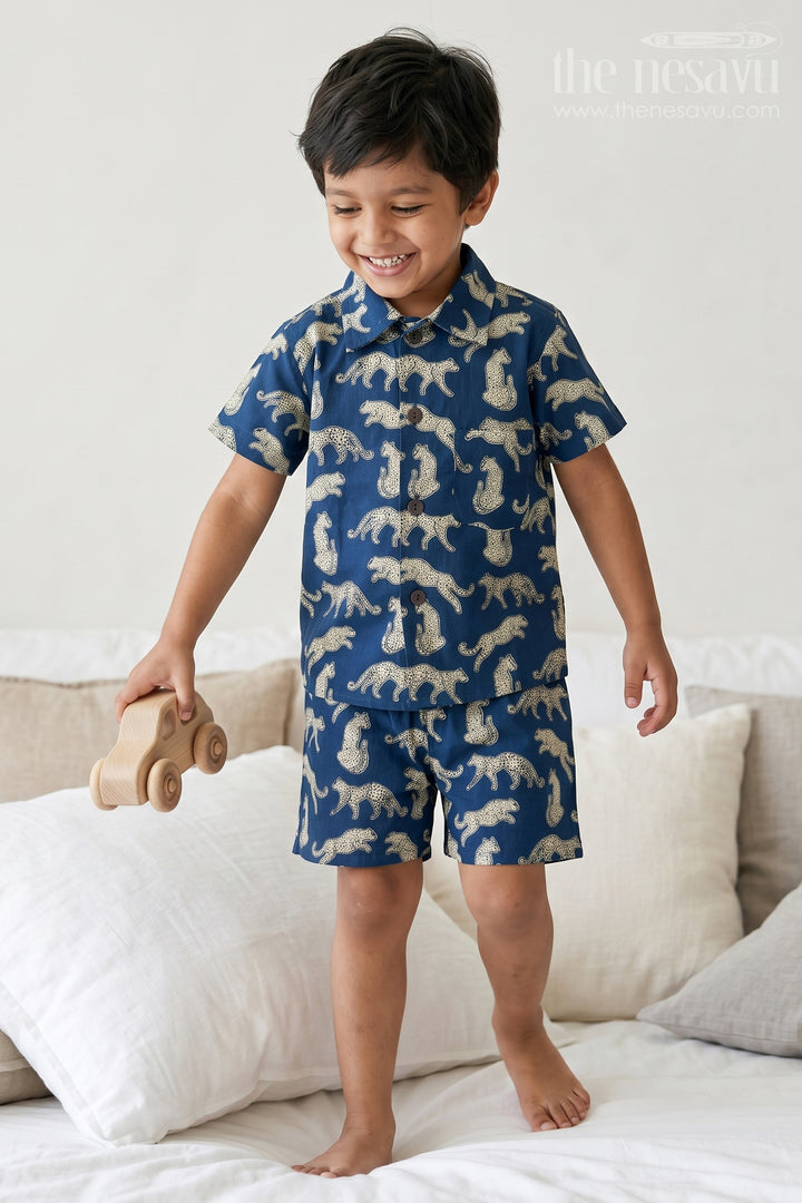 The Nesavu Boys Casual Set Boys Co Ord Set for Travel and Summer Vacation Wear Nesavu 16 (1Y) / Blue / Cotton BCS612A-16 Nesavu Boys Cotton Co Ord Set For Travel And Vacation With Digital Print Shirt And Shorts Outfit