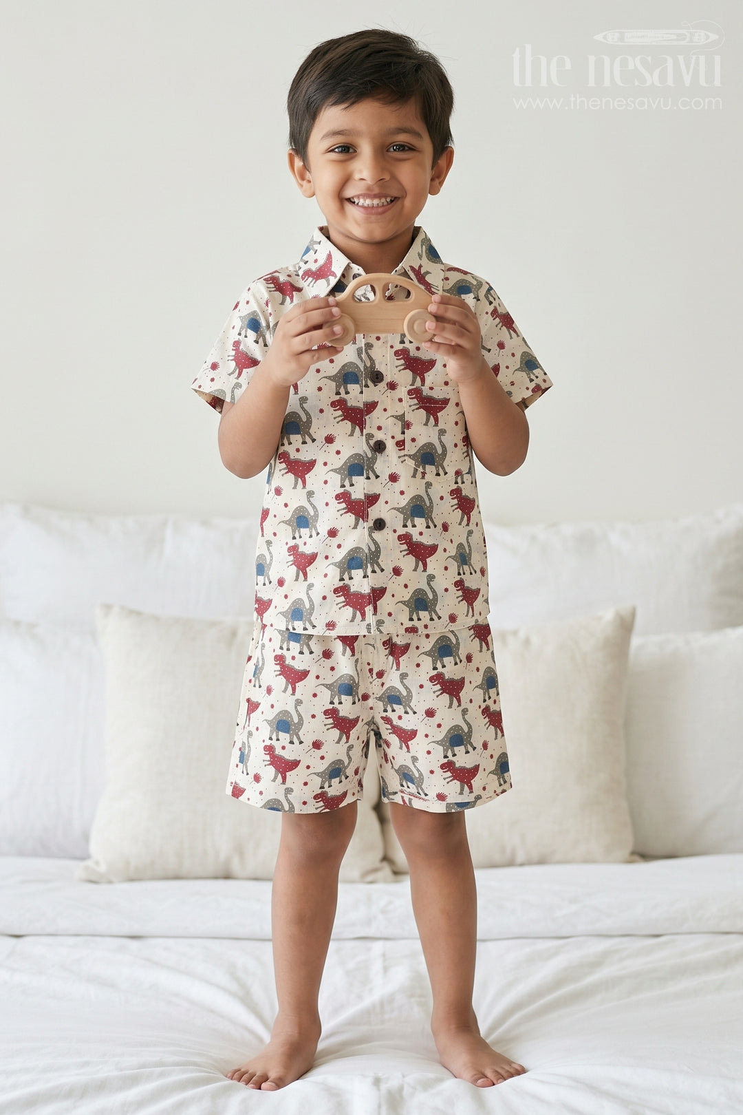 The Nesavu Boys Casual Set Boys Co Ord Set for Vacation Wear and Summer Outings Nesavu 16 (1Y) / Yellow / Cotton BCS607B-16 Nesavu Boys Cotton Co Ord Set For Vacation Wear With Dinosaur Print Shirt And Shorts Summer Outfit