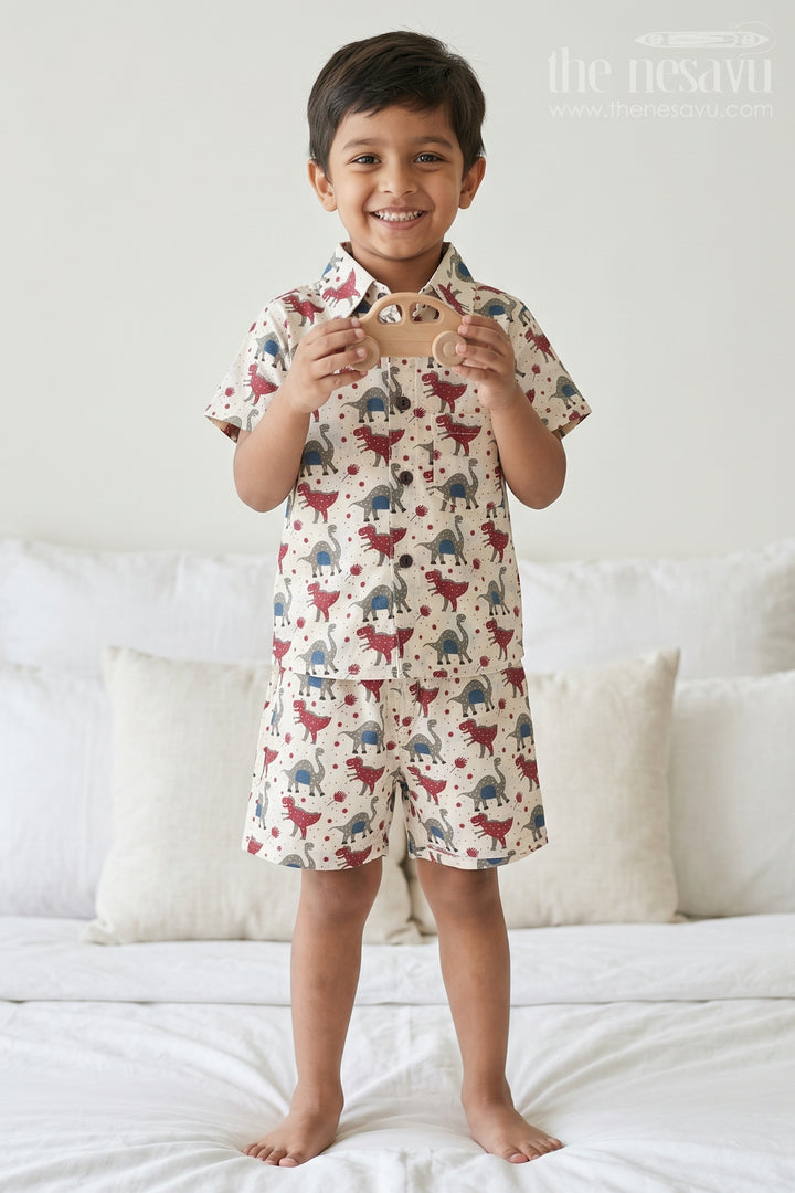 The Nesavu Boys Casual Set Boys Co Ord Set for Vacation Wear and Summer Outings Nesavu 16 (1Y) / Yellow / Cotton BCS607B-16 Nesavu Boys Cotton Co Ord Set For Vacation Wear With Dinosaur Print Shirt And Shorts Summer Outfit