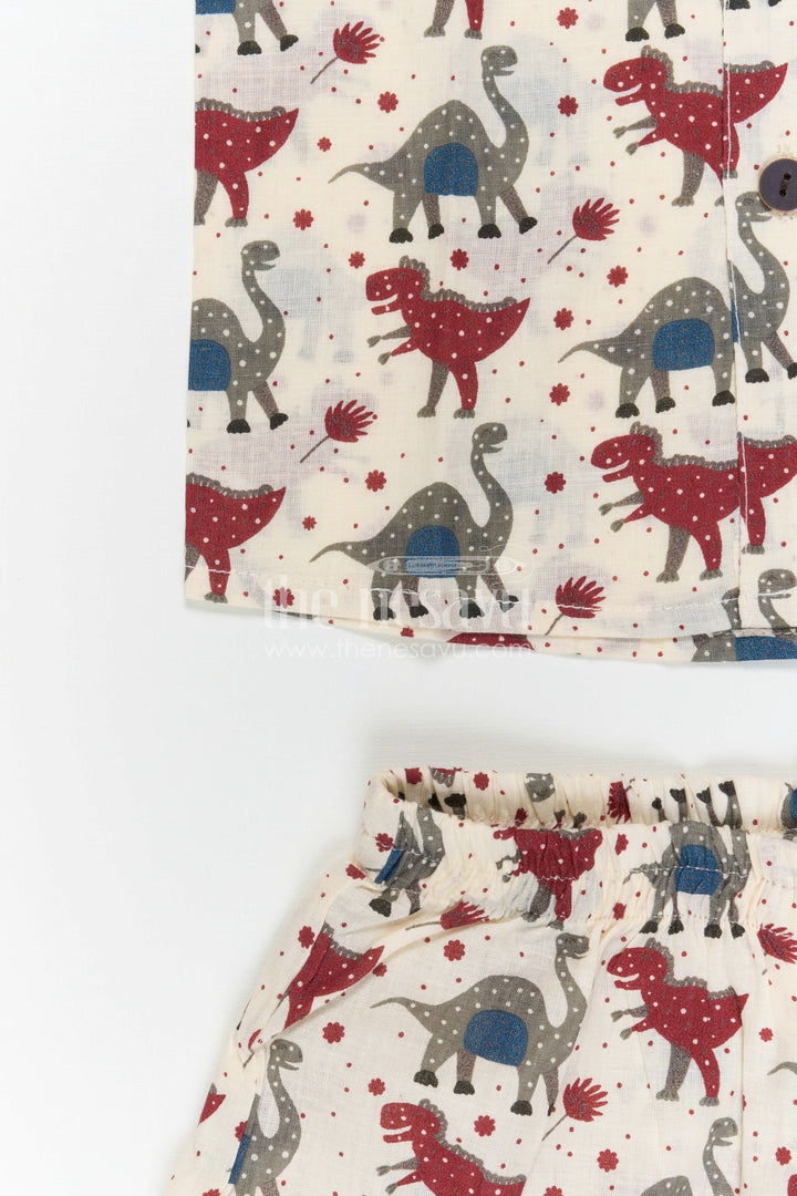 The Nesavu Boys Casual Set Boys Co Ord Set for Vacation Wear and Summer Outings Nesavu Nesavu Boys Cotton Co Ord Set For Vacation Wear With Dinosaur Print Shirt And Shorts Summer Outfit