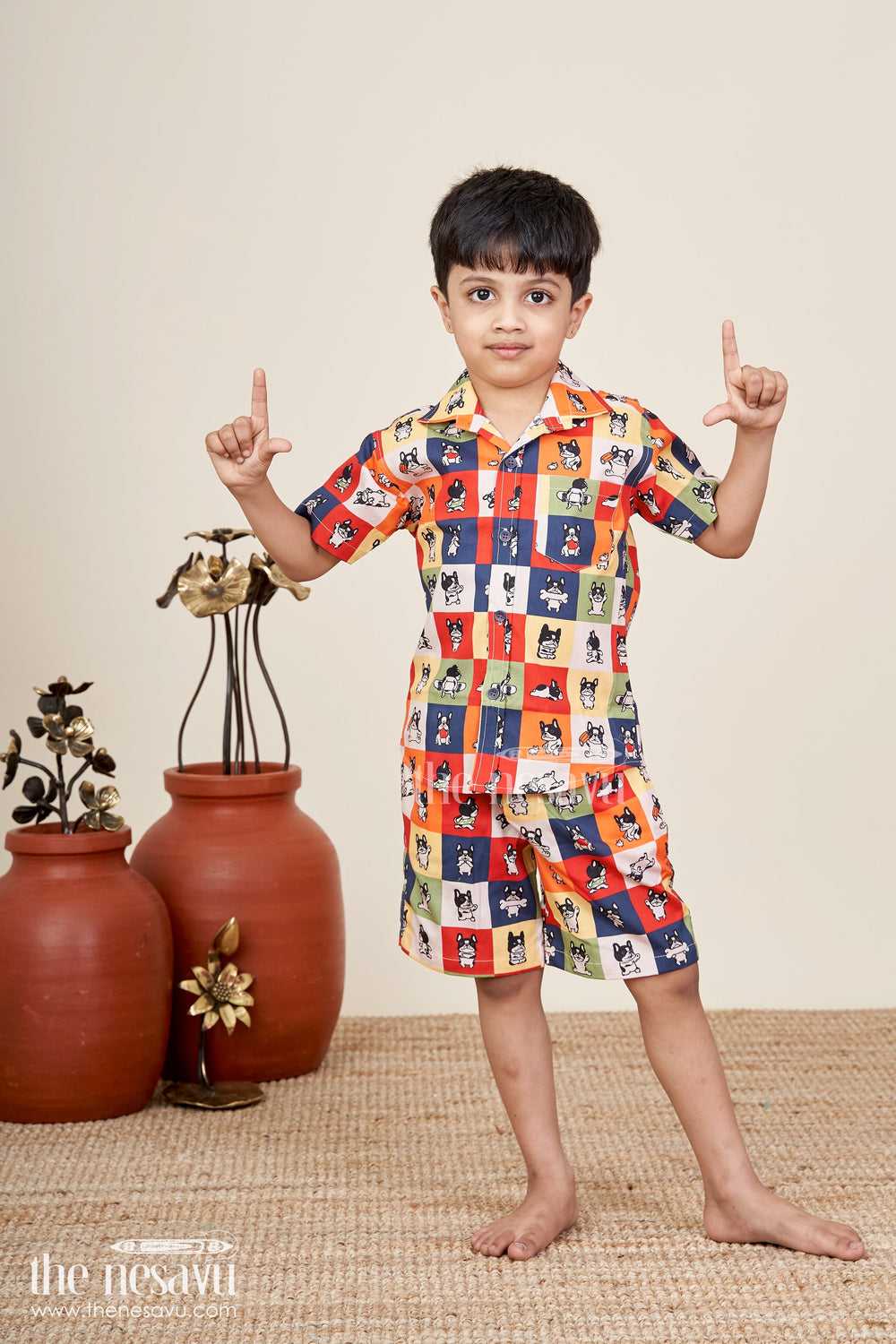 The Nesavu Boys Casual Set Boys colorful dog print cotton co-ord set for playful summer days Nesavu Nesavu boys multicolor dog print co-ord set fun cotton summer outfit for toddlers