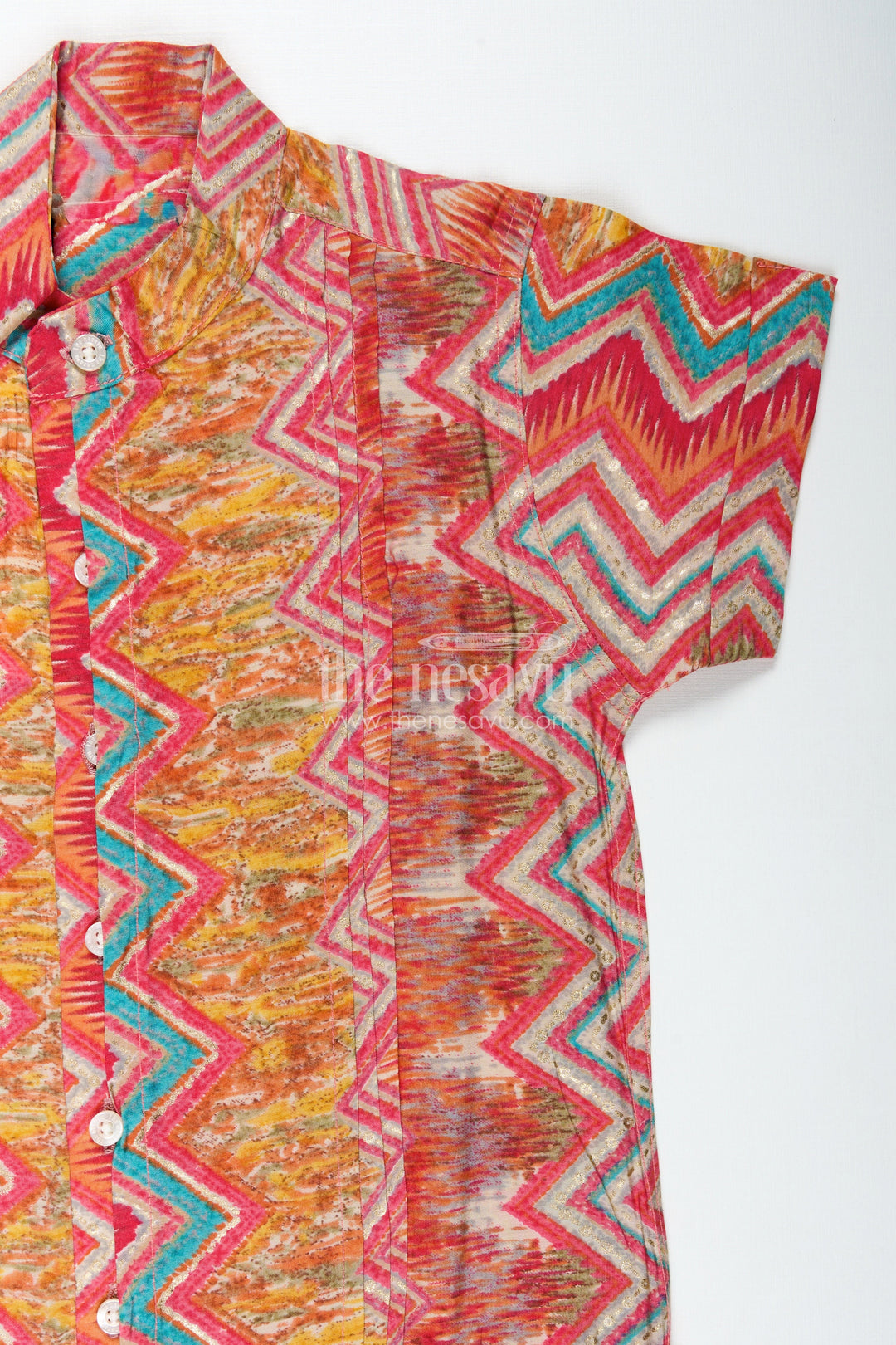The Nesavu Boys Cotton Shirt Boys Colorful Printed Cotton Shirt for Functions with Multicolor Zigzag Pattern in Smooth Modal Silk Nesavu Nesavu Boys Modal Silk Shirt Colorful Zigzag Digital Print Functions Festive Style