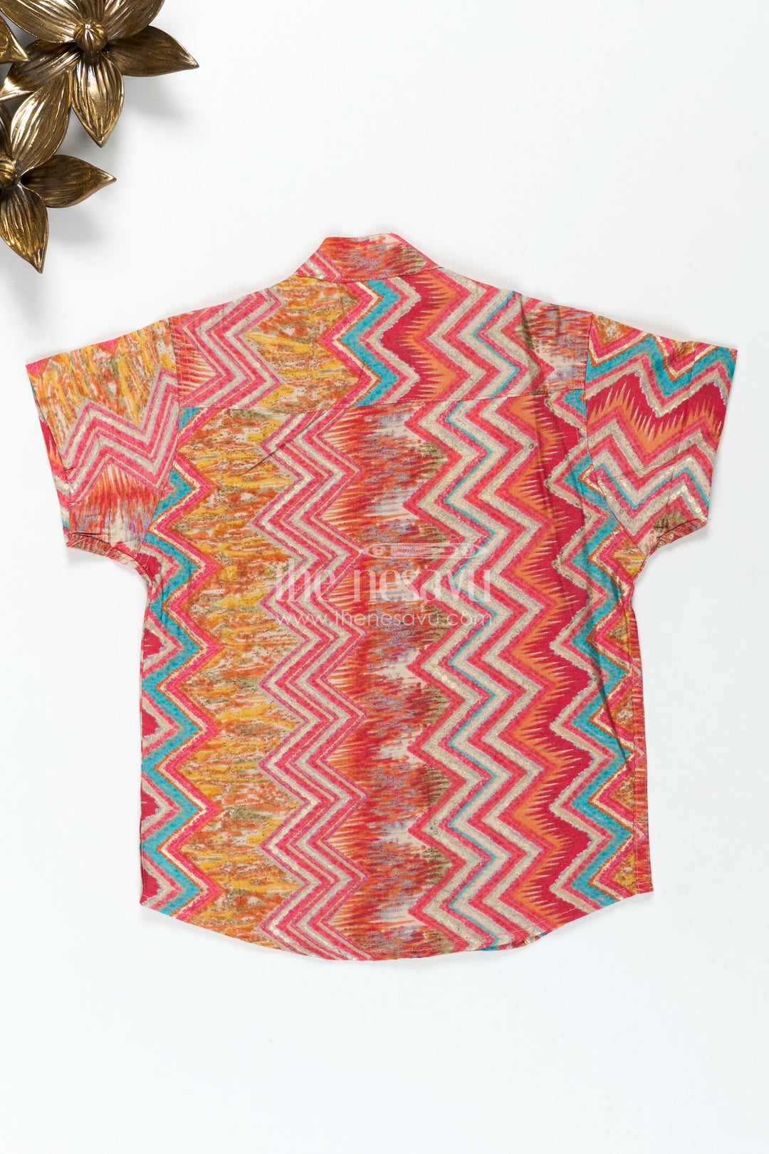 The Nesavu Boys Cotton Shirt Boys Colorful Printed Cotton Shirt for Functions with Multicolor Zigzag Pattern in Smooth Modal Silk Nesavu Nesavu Boys Modal Silk Shirt Colorful Zigzag Digital Print Functions Festive Style