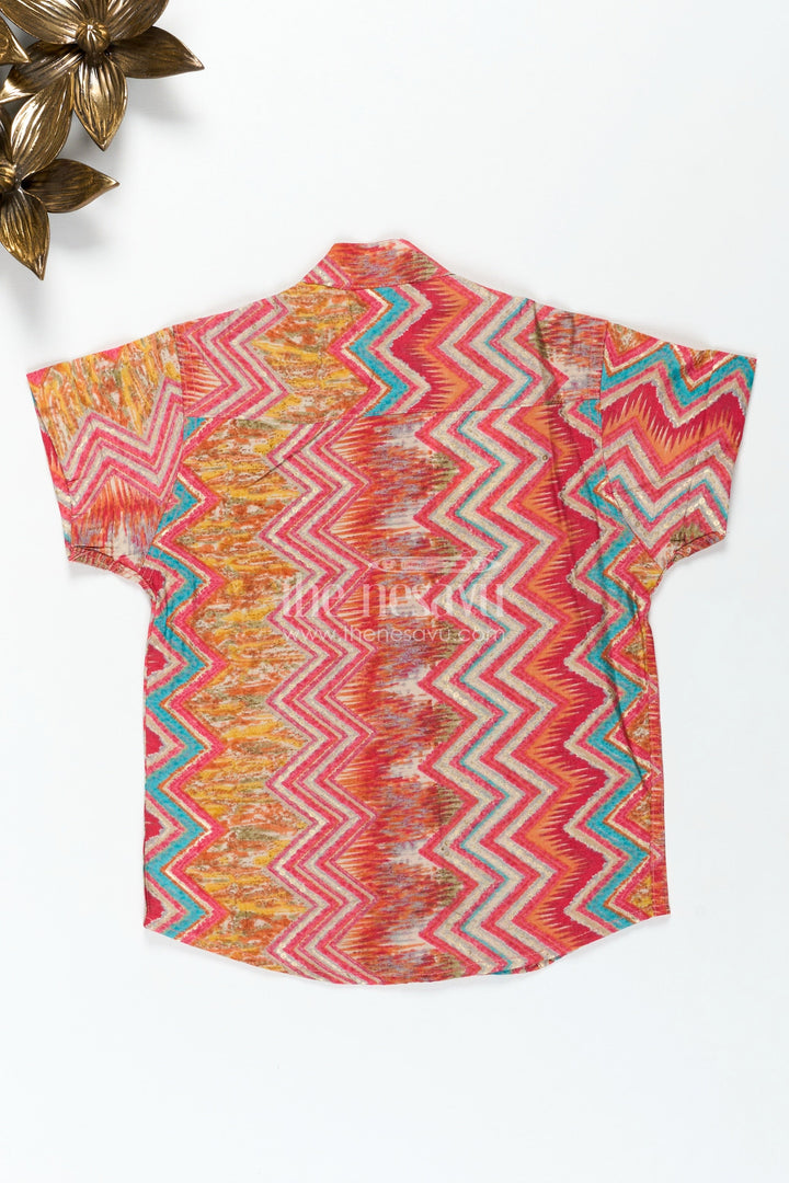 The Nesavu Boys Cotton Shirt Boys Colorful Printed Cotton Shirt for Functions with Multicolor Zigzag Pattern in Smooth Modal Silk Nesavu Nesavu Boys Modal Silk Shirt Colorful Zigzag Digital Print Functions Festive Style