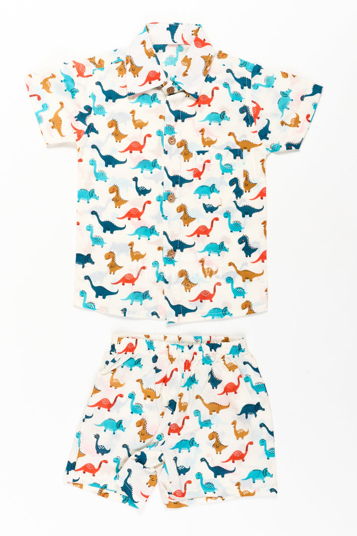 The Nesavu Boys Casual Set Boys Cool Casual Outfits for Guys in Cotton with Multicolor Dinosaur Print and Matching Shorts Nesavu 16 (1Y) / Multicolor BCS269A-16 Nesavu Boys Cool Casual Outfits Guys Cotton Set Dinosaur Print Shirt Matching Shorts