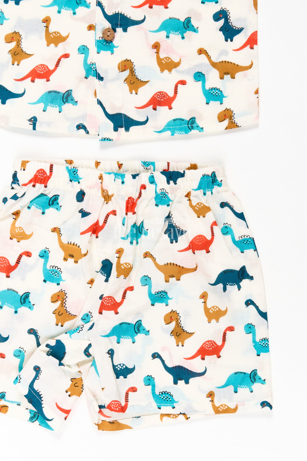 The Nesavu Boys Casual Set Boys Cool Casual Outfits for Guys in Cotton with Multicolor Dinosaur Print and Matching Shorts Nesavu Nesavu Boys Cool Casual Outfits Guys Cotton Set Dinosaur Print Shirt Matching Shorts