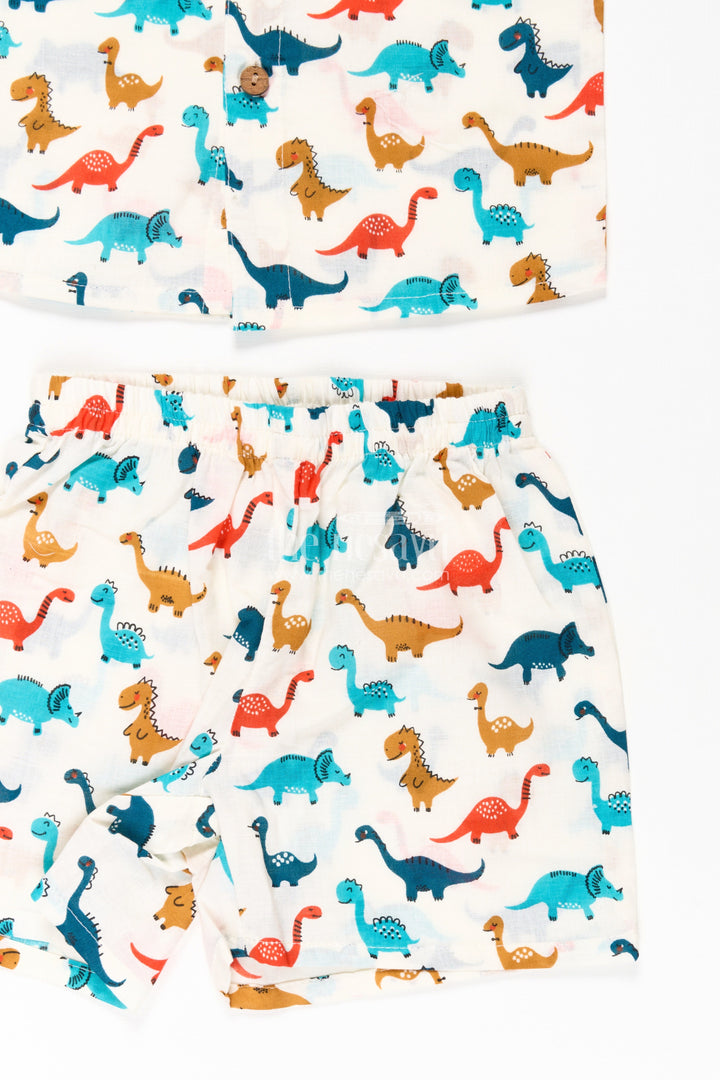 The Nesavu Boys Casual Set Boys Cool Casual Outfits for Guys in Cotton with Multicolor Dinosaur Print and Matching Shorts Nesavu Nesavu Boys Cool Casual Outfits Guys Cotton Set Dinosaur Print Shirt Matching Shorts
