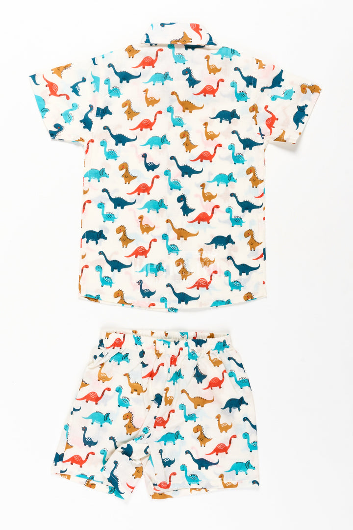 The Nesavu Boys Casual Set Boys Cool Casual Outfits for Guys in Cotton with Multicolor Dinosaur Print and Matching Shorts Nesavu Nesavu Boys Cool Casual Outfits Guys Cotton Set Dinosaur Print Shirt Matching Shorts