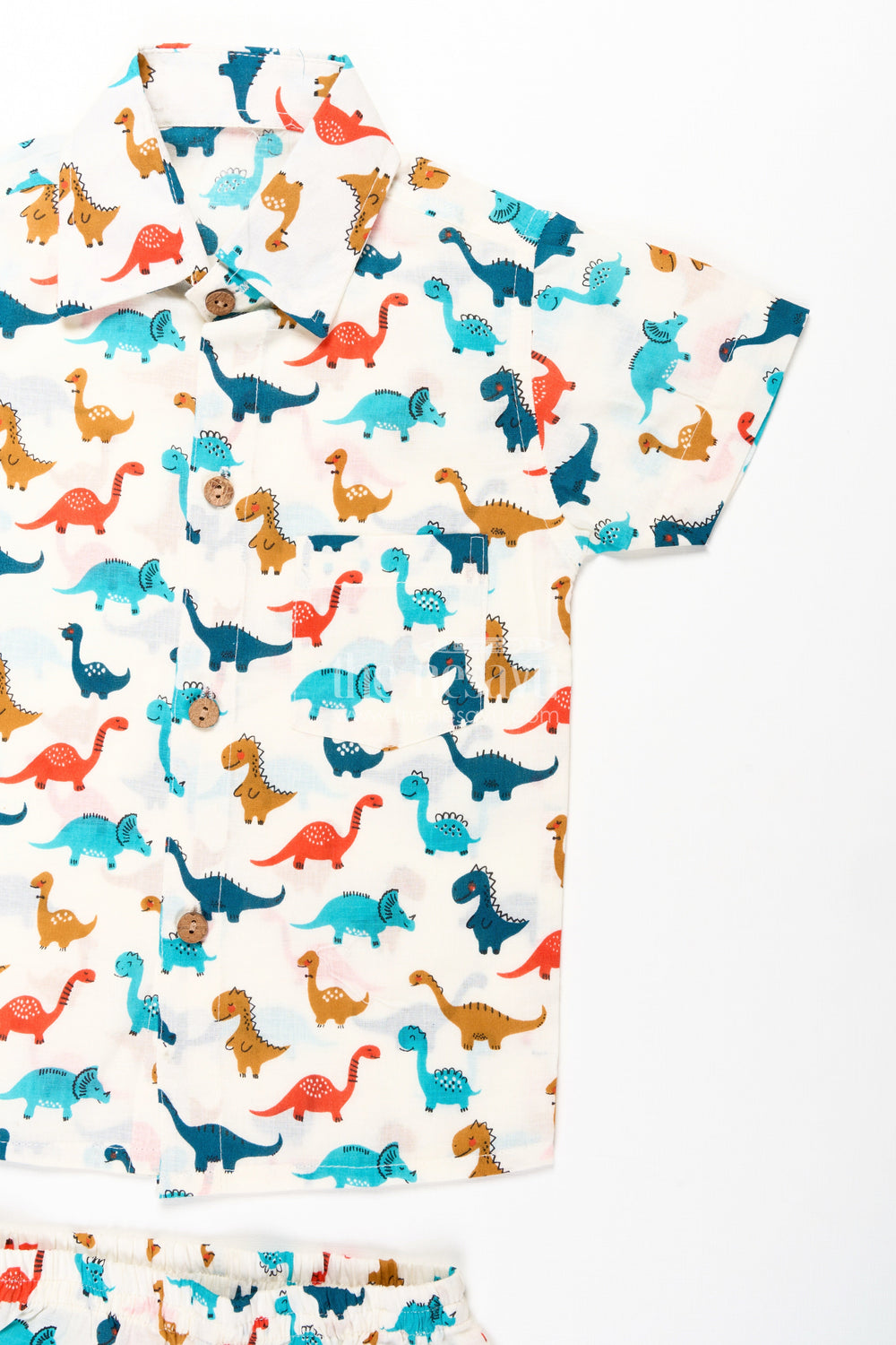 The Nesavu Boys Casual Set Boys Cool Casual Outfits for Guys in Cotton with Multicolor Dinosaur Print and Matching Shorts Nesavu Nesavu Boys Cool Casual Outfits Guys Cotton Set Dinosaur Print Shirt Matching Shorts