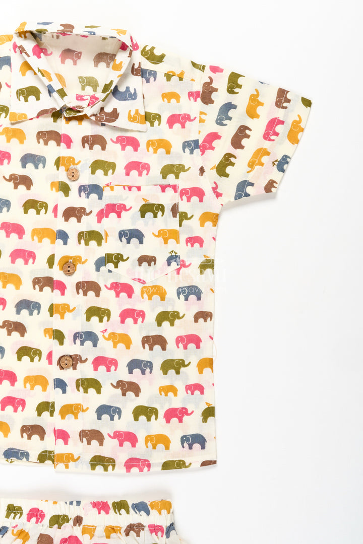The Nesavu Boys Casual Set Boys Cool Casual Outfits in Cotton with Multicolor Elephant Digital Print Shirt and Shorts Set Nesavu Nesavu Boys Cool Casual Outfits Cotton Set Multicolor Elephant Print Shirt Shorts