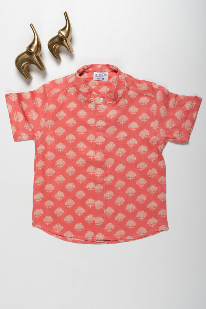 The Nesavu Boys Cotton Shirt Boys Coral Cotton Shirt with Golden Tree Print – Premium Casual and Festive Wear Nesavu 16 (1Y) / Pink / Cotton BS153D-16 Boys Coral Cotton Shirt with Golden Tree Print | Premium Casual and Festive Wear | The Nesavu