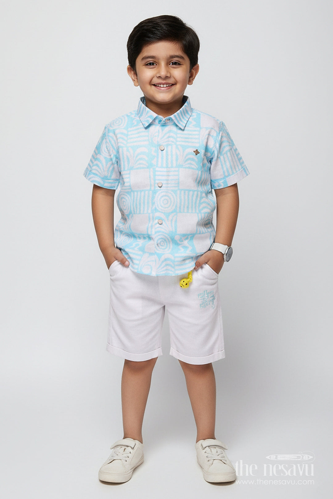 The Nesavu Boys Casual Set Boys Cotton 3-Piece Casual Set with Printed Tee and Open Shirt Nesavu 16 (1Y) / Green BCS327B-16 Nesavu boys 3-piece cotton casual set printed tee shirt perfect outfit summer outings play