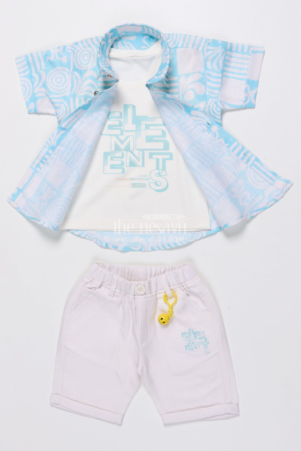 The Nesavu Boys Casual Set Boys Cotton 3-Piece Casual Set with Printed Tee and Open Shirt Nesavu Nesavu boys 3-piece cotton casual set printed tee shirt perfect outfit summer outings play