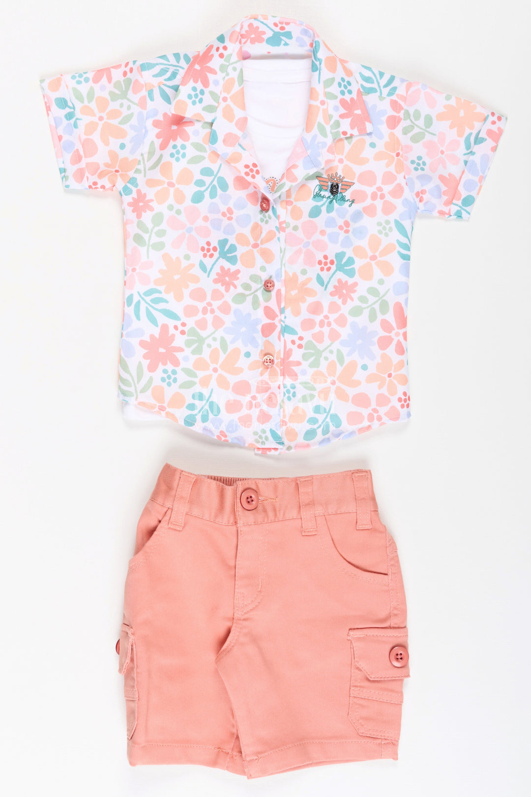 The Nesavu Boys Casual Set Boys Cotton Best Casual Dress Shirts Set with Floral Printed Shirt, Tank Tee, and Cargo Shorts Nesavu 14 (6M) / Peach BCS258A-14 Boys Best Casual Dress Shirts Set Floral Printed Shirt Tee Cargo Shorts | The Nesavu